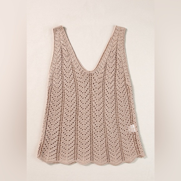 Pale Khaki Scalloped Hem V Neck Crochet Knit Tank Top Bohemian Blouse - Picture 11 of 15
